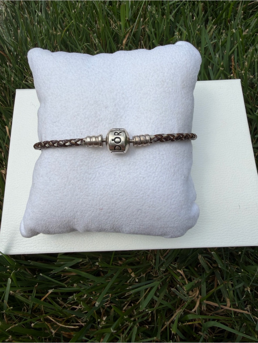 Pandora Brown Braided Leather Bracelet with Silver Logo Bead